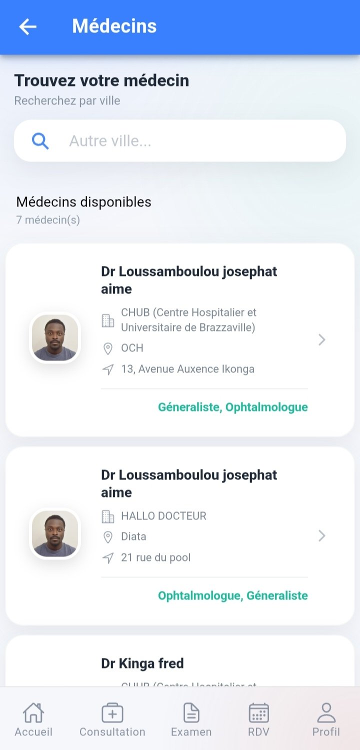 Écran Médecins de l’application Luzingu : recherche de médecins par ville